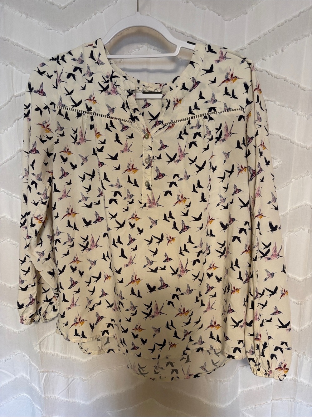 June and Delancey Cream Bird-Print Long-Sleeve Blouse